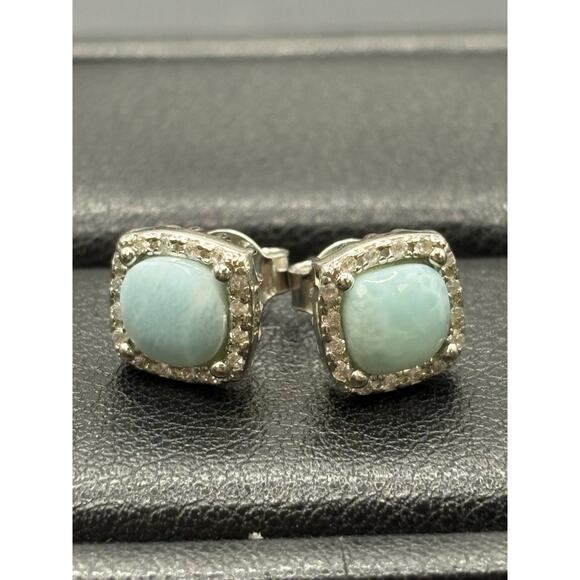 New Condition Sterling Silver Larimar Cubic Zirconia Stud Earrings - Picture 1 of 9